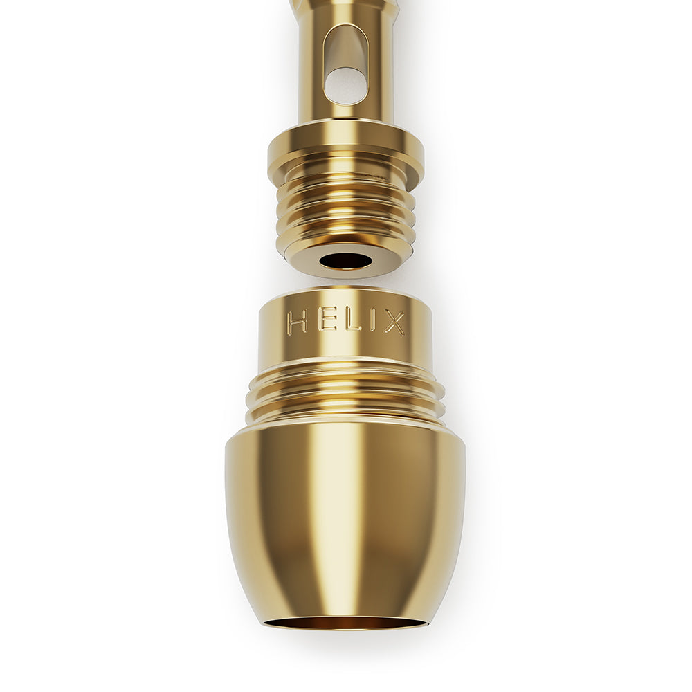 Close-up of Helix Axis brass threaded bowl with branding