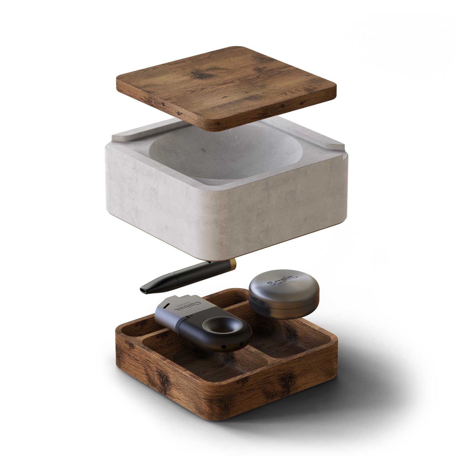 Exploded view of Ash concrete ashtray with walnut lid and coordinated smoking accessories