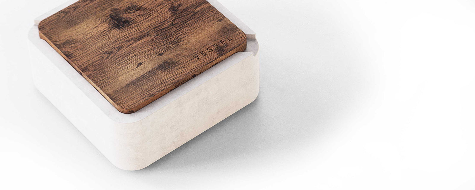 Ash concrete ashtray with real walnut wood lid on white background
