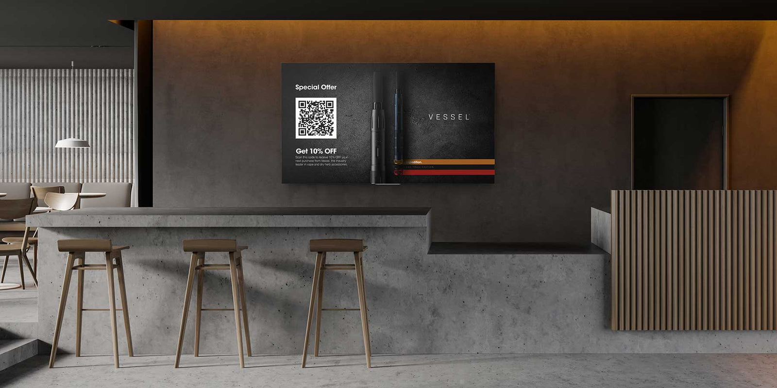 Contemporary retail space featuring polished concrete bar, wooden bar stools, corrugated metal accent wall, and wall-mounted screen displaying Vessel special offer