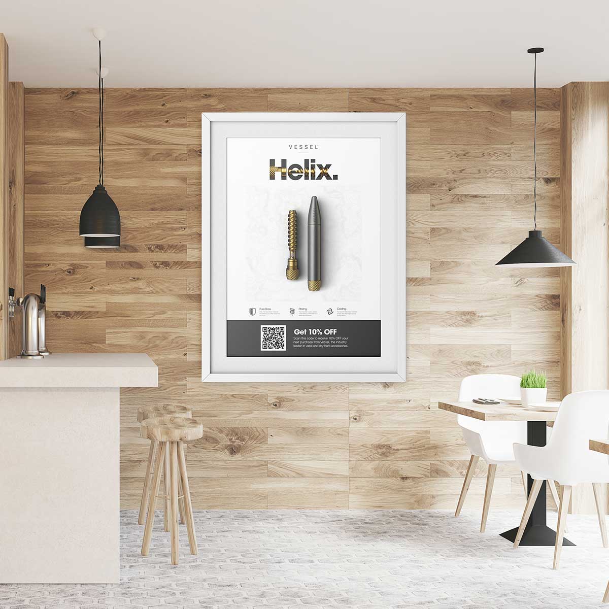 Modern retail store interior with framed Vessel Helix poster on wood-paneled wall