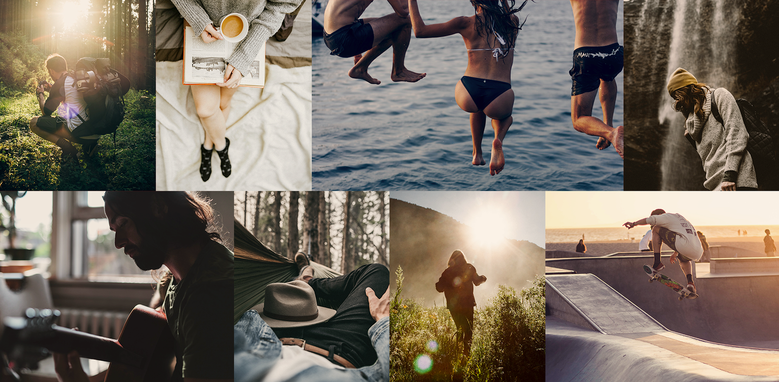 California lifestyle collage featuring ocean jumps, skateboarding, hiking, and relaxed everyday moments
